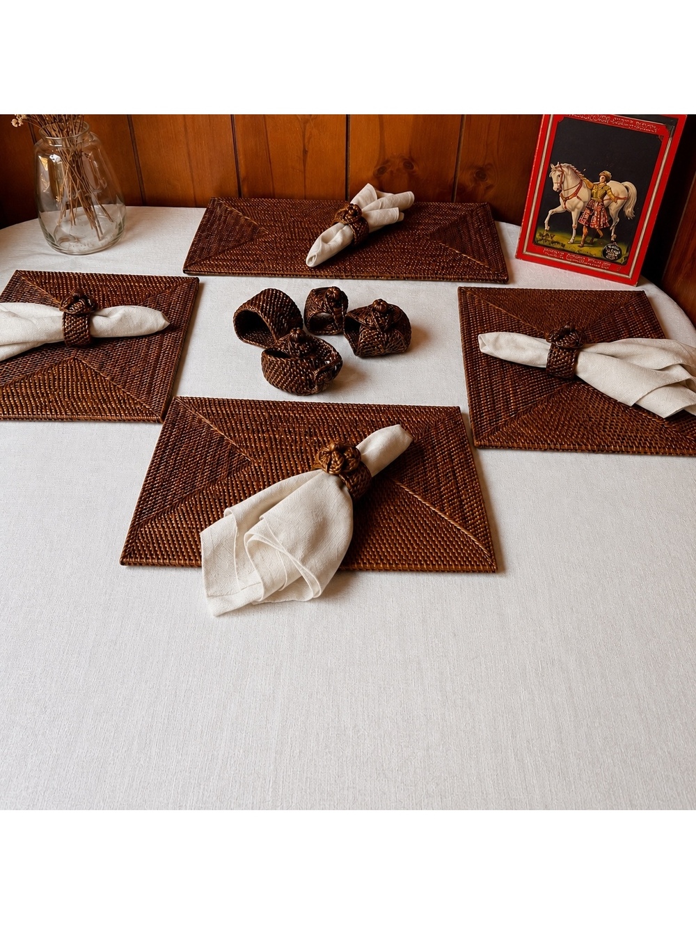 Set of 4 Vintage Woven Rattan Placemats 19.5x14 with 4 Matching Napkin Rings